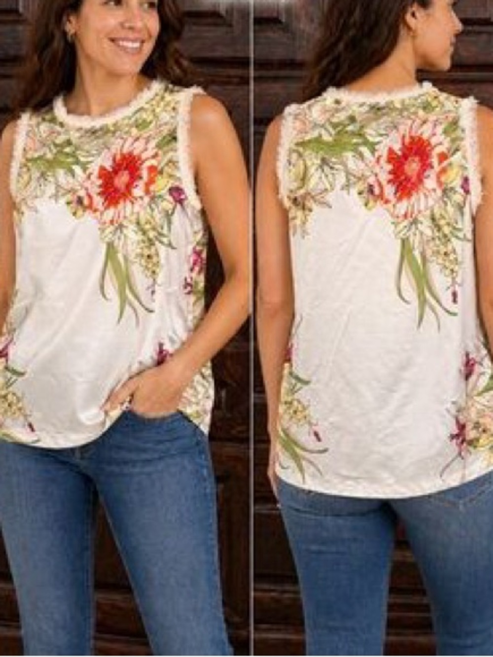 Jennifer Lopez White Floral Scoop Neck Camisole